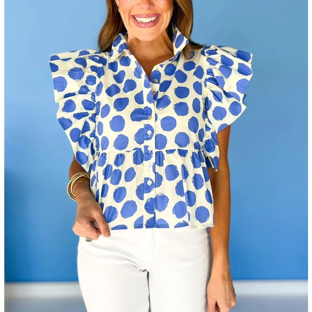 JODIFL White and Blue Polka Dot Ruffle Blouse - Picture 1 of 10